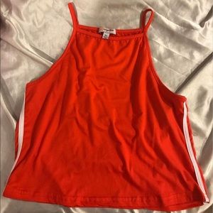 red halter top with 2 stripes on each side